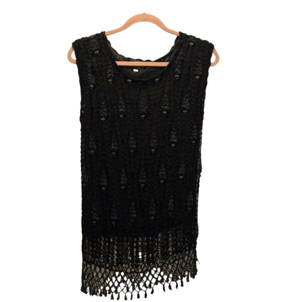 Vintage 90's Beaded Top L/XL Whimsigoth Black Crochet Netted Mermaid Embellished